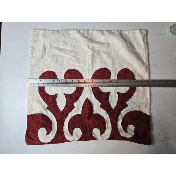 Square Feathers Linen Pillow Cover With Red & White Ornamental Design 20x20 - Picture 4 of 5